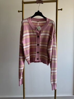 Free People Pink Striped Button-Front Cardigan